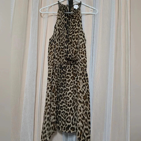 Parker 100% Silk Chain Collar Halter Mini Dress, Black & Tan Leopard Print, EUC! - Picture 2 of 10